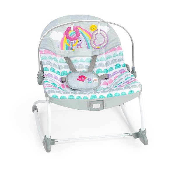 Rosy Rainbow 2-in-1 Babywippe & Sitz mit Vibration, Spielbügel & Spielzeug, verstellbar & 